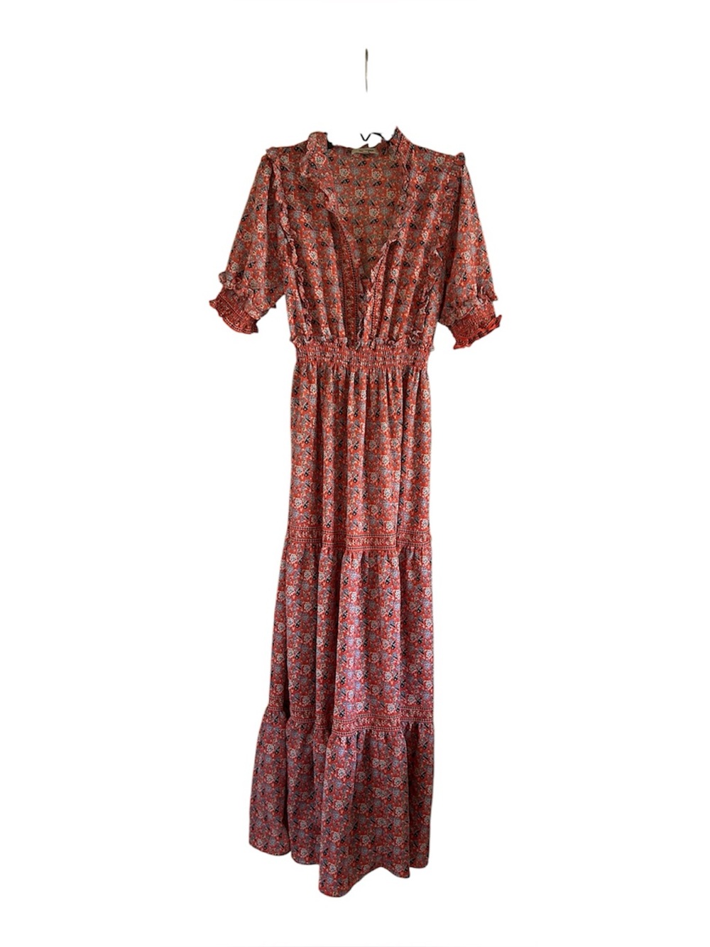 Max Studio Floral Ruffle Tiered Smocked Waist Size Small Short Sleeve Maxi Dress - Picture 1 of 5